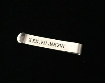 Roman numerals Personalized Tie Clip SPECIAL mesage on back  choose your own wording-  Hand stamped -  great for a gift