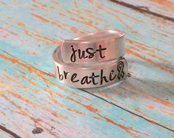 Just breathe - hand stamped ring - very sturdy ring - great gift - fun piece of jewelry