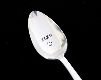 xoxo - Hugs and Kisses  -  hand stamped  silverware vintage spoon message - reused - up cycled