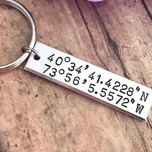 May include: Silver keychain with a metal tag engraved with the coordinates "40°34', 41.4228" N 73°56', 5.5572" W".