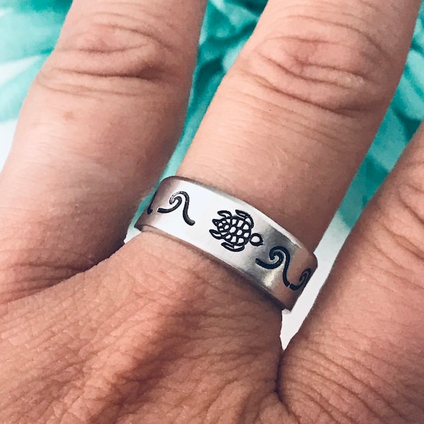 Turtle with wave ring- hand stamped ring - very sturdy ring - great gift - fun piece of jewelry - ocean waves - sea turtle - beach ring