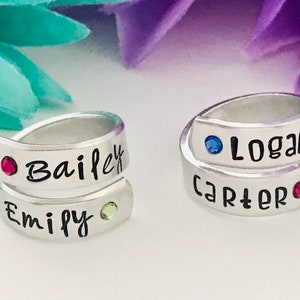 Personalized Wrap ring  with birthstones - personalized ring  - mothers ring - hand stamped ring - very sturdy ring - great gift - childrens