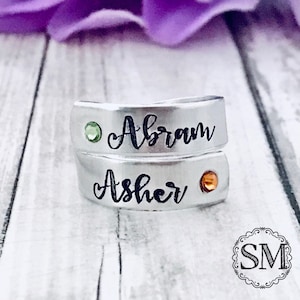 Birthstone ring with names hand stamped   - personalized ring  - mothers ring - hand stamped ring - very sturdy ring - great gift - child