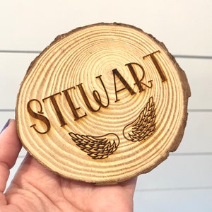 Pet memorial marker, wood engraved pet name and wings on wood grave marker, wood slice, lost pet, dog headstone, pet grave, loss of pet