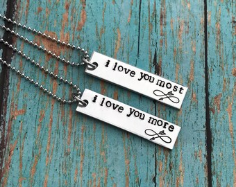 I love you more, I love you most couples hand stamped matching necklaces- couple set - anniversay wedding infinity arrow