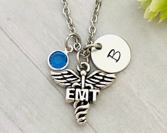 EMT gift necklace,  EMT worker,  necklace  with birthstone and letter charm, initial charm, graduation gift, friend gift, birthday, medical