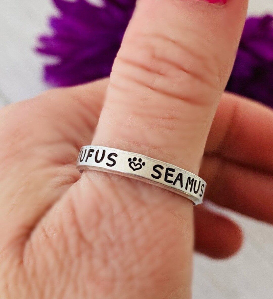 Pet Ring With Pet Name Paw Print Thin Cuff Ring Stamped Etsy