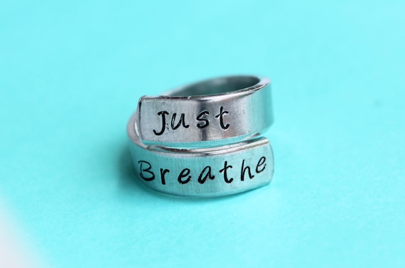 Just breathe - hand stamped ring - very sturdy ring - great gift - fun piece of jewelry