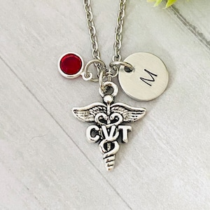 CVT  necklace,  Certified Veterinary Technician necklace  with birthstone and letter charm, initial charm, graduation gift, Birthday