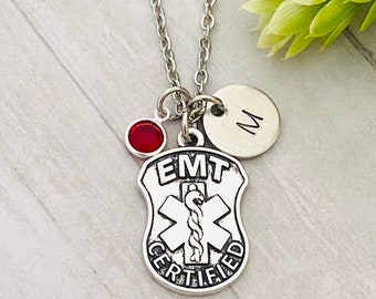 EMT gift necklace,  EMT worker,  necklace  with birthstone and letter charm, initial charm, graduation gift, friend gift, birthday, medical