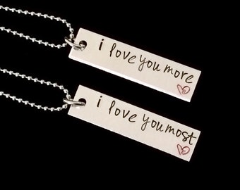 I love you more, I love you most couples hand stamped matching necklaces- couple set - anniversay wedding