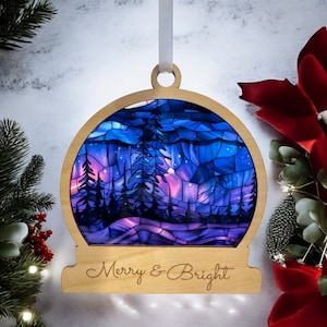 Northern lights Christmas  ornament,  Personalized , trees Auroras with stainedglass  that lets the lights shine through, snow globe shape