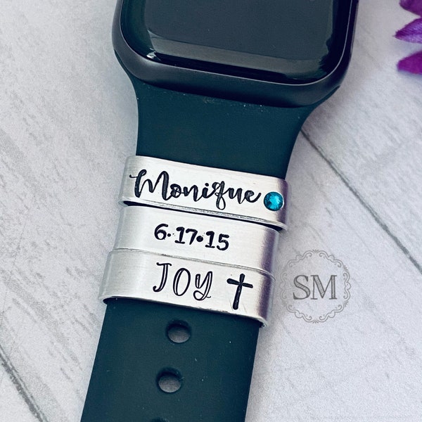 Smart Watch band tag -Hand Stamped  Aluminum Cuff  Personalized You Choose Word and design - tons of designs and fonts