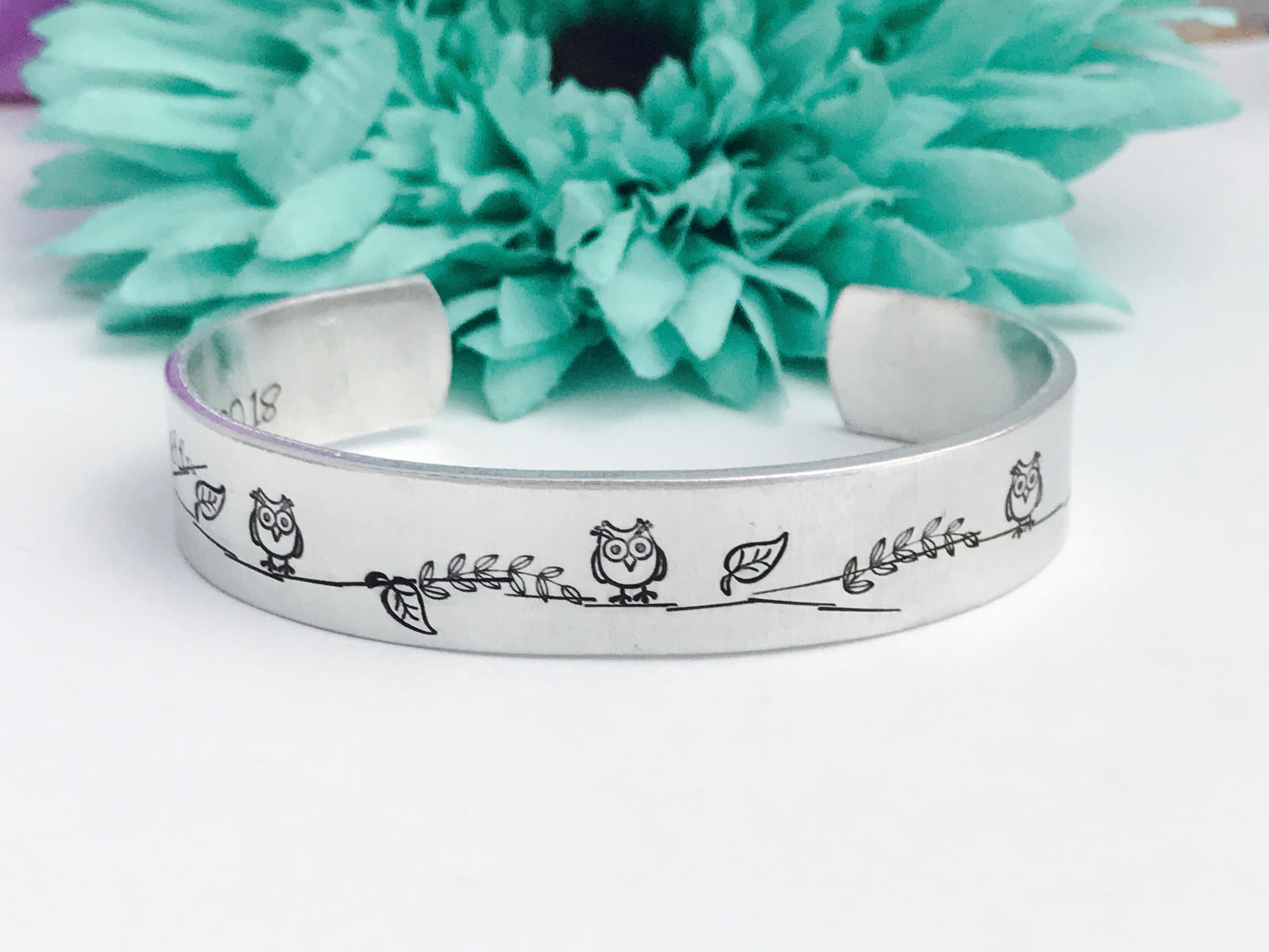 owl bracelet   -  Hand Stamped Bracelet Aluminum Cuff - Inspiration hand stamped cuff owl with vine,
