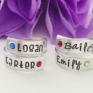 Wrap ring  with birthstones - personalized ring  - mothers ring - hand stamped ring - very sturdy ring - great gift - childrens names -