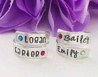 Name ring Wrap ring  with birthstones - personalized ring  - mothers ring - hand stamped ring - very sturdy ring - great gift - childrens na