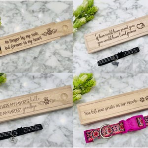 May include: Wooden pet memorial boxes with engraved messages and pet collars. The boxes feature phrases like "No longer by my side, but forever in my heart." Collars are black and pink with floral patterns.