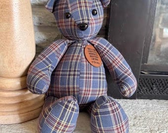 Memory bear, hand sewn from your clothing, loss of loved one’s memory, 15” handmade bear