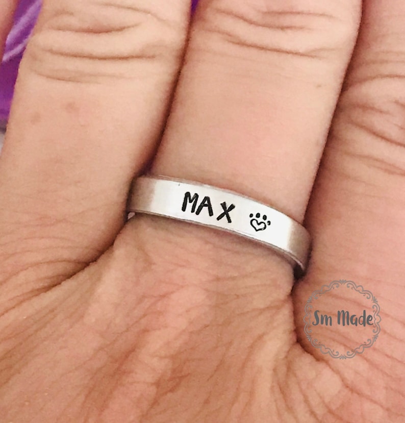 Pet Ring With Pet Name Paw Print Thin Cuff Ring Stamped Etsy