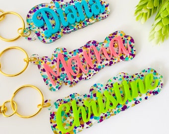 Acrylic glitter keychain, backpack tags, personalized keychains, 3D keychain, luggage tag, kids keychains, bridal shower keychains