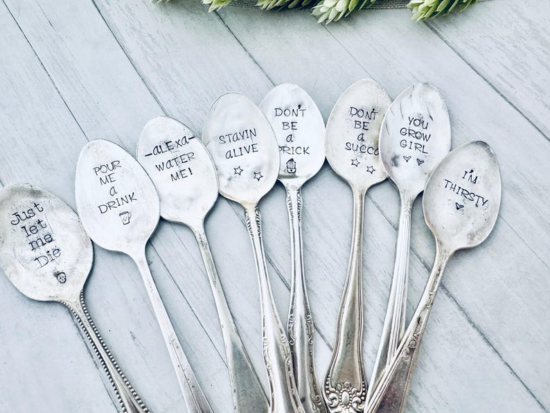 Spoon Lettering Vintage Spoon Plant Stake , Hammered Lettering, Custom Stamped, Plant ...