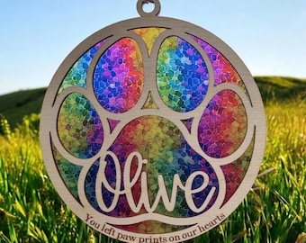 Rainbow bridge pet, sun catcher, suncatcher pet memorial, personalized name, dog / cat/  pet remembrance, paw with saying and name
