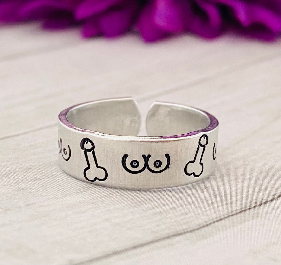 Hand Stamped Boobies and Willy, Funny Ring Hand Stamped Ring