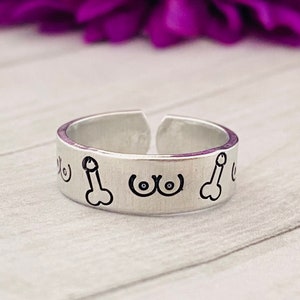 Hand stamped boobies and Willy, funny ring hand stamped ring, aluminum ring,