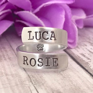 Pet ring, with pet name and inside paw print - hand stamped ring - very sturdy ring - great gift - fun piece of jewelry - animal keepsake
