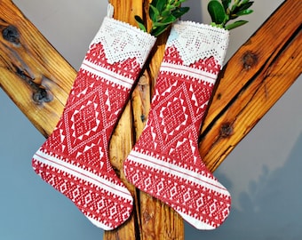 Christmas Stocking / Antique Handwoven Fabric/French linen/Red decor/Christmas Decor