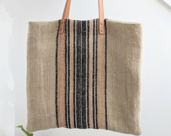 Grain Sack Shoulder Bag / Black and caramel stripes/ Antique european linen / Beach tote bag / Market handbag / Hemp handwoven fabric