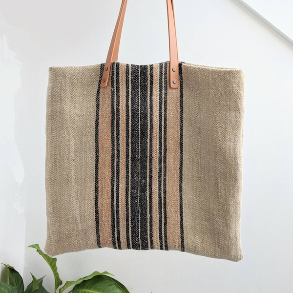 Grain Sack Shoulder Bag / Black and caramel stripes/ Antique european linen / Beach tote bag / Market handbag / Hemp handwoven fabric