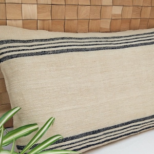 Grain sack body pillow cover, authentic antique european linen, vintage hemp fabric, navy blue stripes, french style, farmhouse, cottage