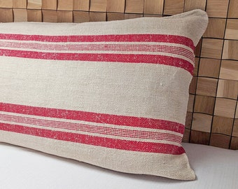 Authentic Grain Sack Body Pillow Cover Red Stripes / Antique linen/ Handwoven hemp fabric / Handmade Pillow Sham Christmas pillow