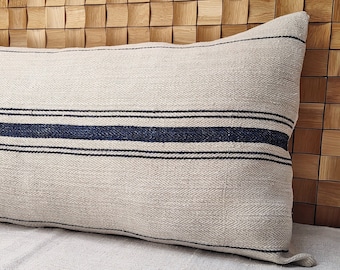 Grain sack body pillow cover, authentic antique european linen, vintage hemp fabric, navy blue stripes, french style, farmhouse, cottage
