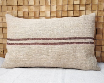 Grain sack body pillow cover, authentic antique european linen,vintage hemp fabric, chocolate brown stripes, french style,farmhouse, cottage