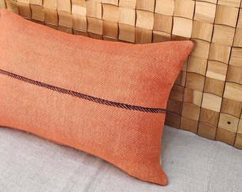 Grain sack body pillow cover, authentic antique european linen, vintage hemp , coral dye , black stripes, french style, farmhouse, 24"x15"
