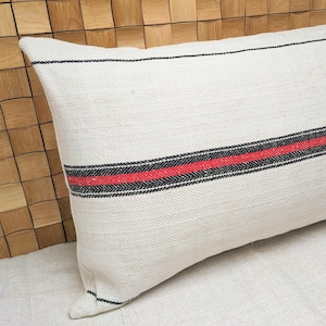 Grain Sack Body Pillow Cover • Antique Hemp fabric • Black and red Stripes • European Linen Cushion • Rustic Farmhouse • French Cottage