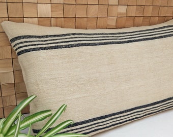 Grain sack body pillow cover, authentic antique european linen, vintage hemp fabric, navy blue stripes, french style, farmhouse, cottage