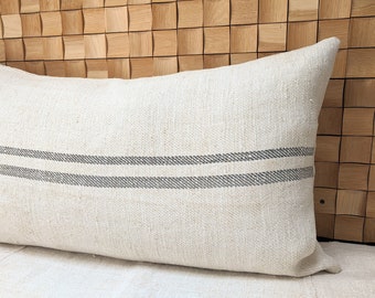 Grain sack body pillow cover, authentic antique european linen, vintage hemp fabric, gray stripes, french style, farmhouse, cottage , grey