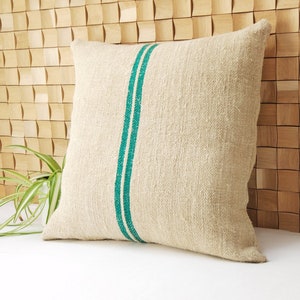 Authentic Grain Sack Pillow Cover Green Stripes / hemp handwoven antique fabric / Grain Sack Square or Lumbar Sham