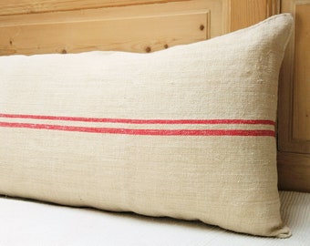 Authentic Grain Sack Body Pillow Sham Red Stripes / Antique linen / Handwoven hemp fabric / Handmade Pillow Sham - Christmas pillow