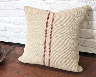 Authentic Grain Sack Pillow Cover Bordeaux Stripes / Antique linen / Handwoven hemp fabric