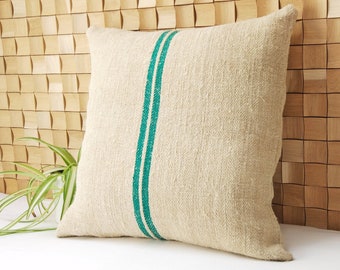 Authentic Grain Sack Pillow Cover Green Stripes / hemp handwoven antique fabric / Grain Sack Square or Lumbar Sham