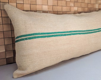 Authentic Grain Sack Body Pillow Sham Green Stripes / Antique linen / Handwoven hemp fabric / Handmade Pillow Sham