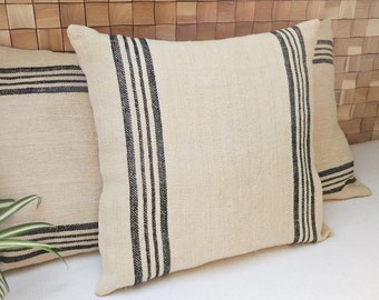 Grain sack pillow cover, authentic antique european linen, vintage hemp fabric, navy blue stripes, french style, farmhouse, cottage, costal