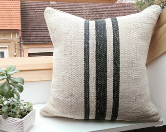 Authentic Grain Sack Pillow Cover Black Stripes / Antique linen / Handwoven hemp fabric