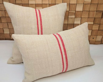 Authentic Grain Sack Pillow Cover / Antique european linen/ Handwoven hemp fabric / Red Stripes / Lumbar - Christmas French Style Farmhouse