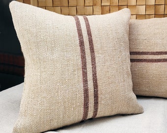 Grain sack pillow cover, authentic antique european linen, vintage hemp fabric, chocolate brown stripes, french style, farmhouse, cottage