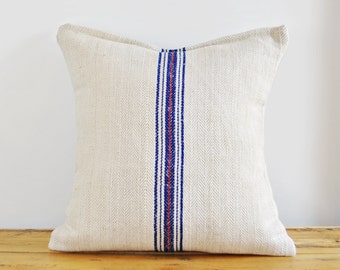 Authentic Grain Sack Pillow Cover / Hemp and cotton / Blue and Red Stripes / Handmade Pillow Sham / Handwoven herringbone pattern